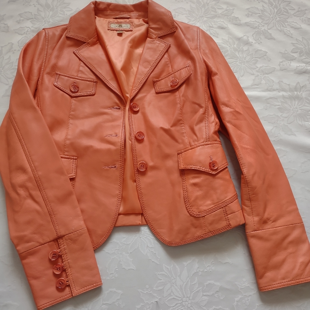 Wilson Leather coral orange blazer jacket back pleat